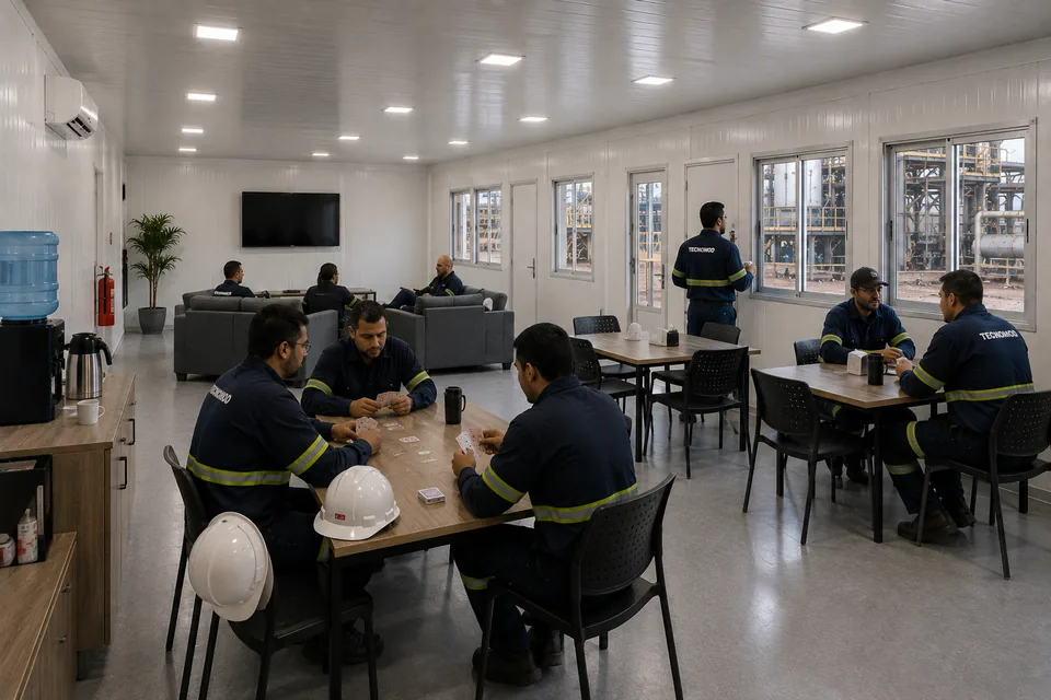 Interior do módulo de área de lazer Tecnomod, com sofás e mesa de convivência entre turnos