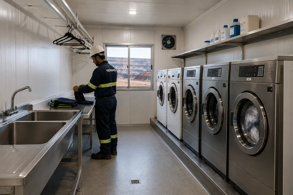 Interior do módulo lavanderia Tecnomod, com máquinas industriais, tanque e bancada de dobra