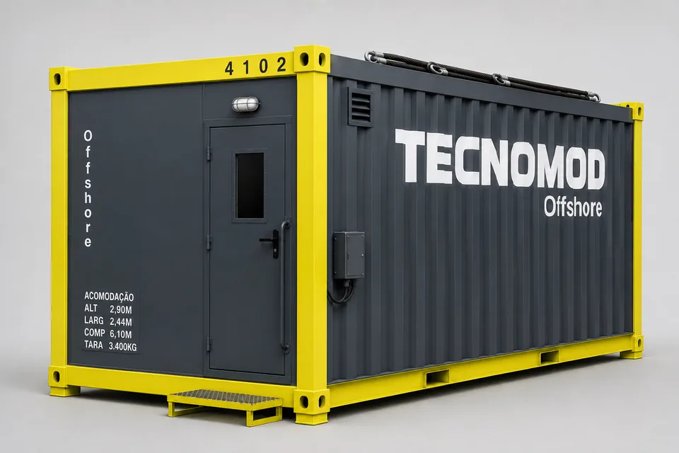 Módulo offshore Tecnomod de acomodação, em container marítimo com quadro estrutural amarelo, vista de três quartos com a porta de pessoal e o conjunto de slingas sobre o teto