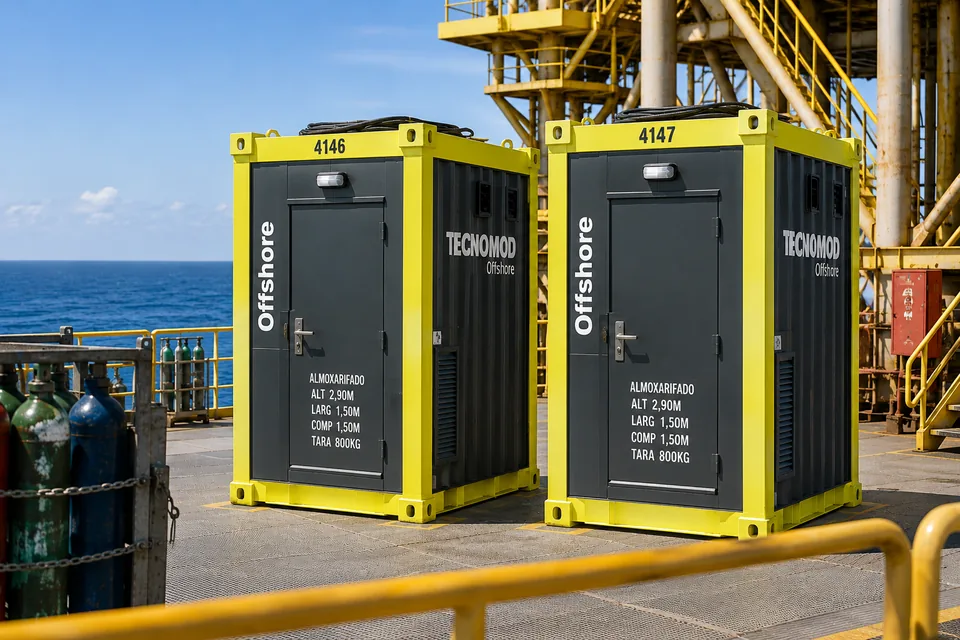 Duas unidades compactas de almoxarifado offshore Tecnomod instaladas no convés de plataforma, ao lado de cilindros de gás acorrentados