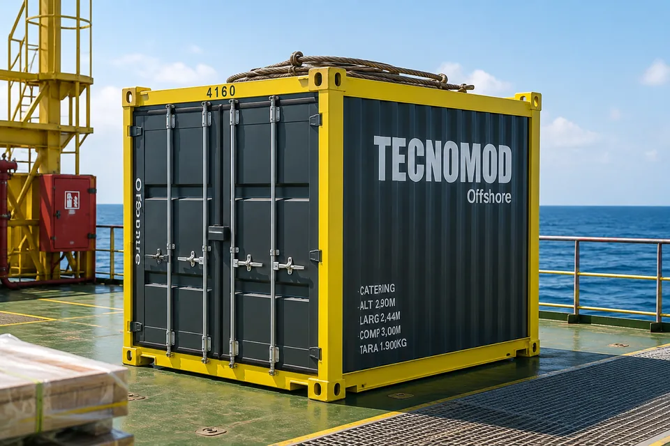 Módulo offshore de catering de 10 pés fechado, com portas duplas de container e barras de travamento, no convés de plataforma