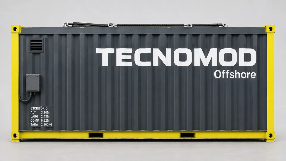 Elevação lateral do módulo offshore Tecnomod, com o flanco corrugado, a caixa de junção estanque e a grelha de ventilação