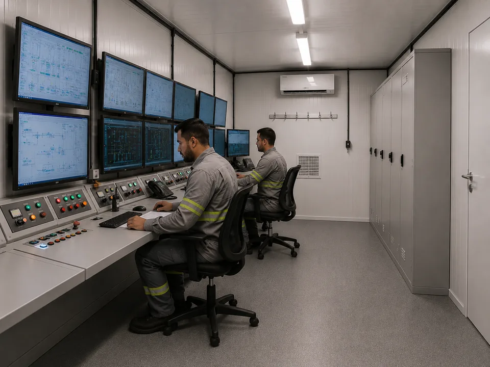 Interior de módulo offshore configurado como escritório e sala de controle, com dois operadores em painel de monitores e comandos