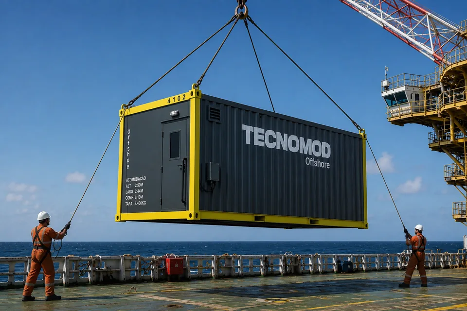Módulo offshore Tecnomod suspenso por guindaste sobre o convés de embarcação em mar aberto, com dois riggers segurando os cabos-guia