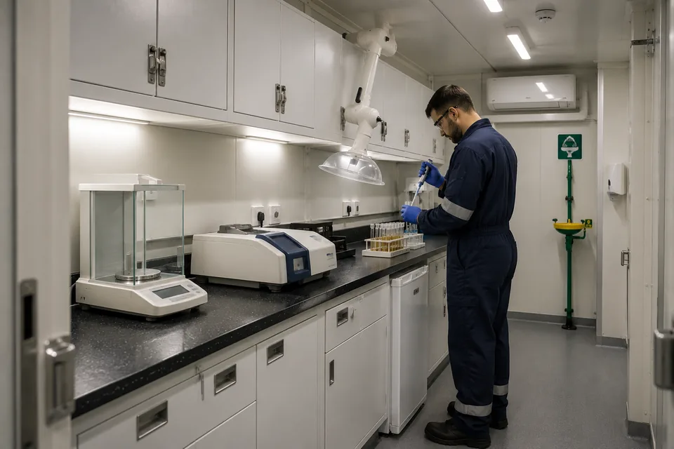 Interior de módulo offshore laboratório, com técnico pipetando amostra em bancada com balança analítica, analisador e braço de exaustão