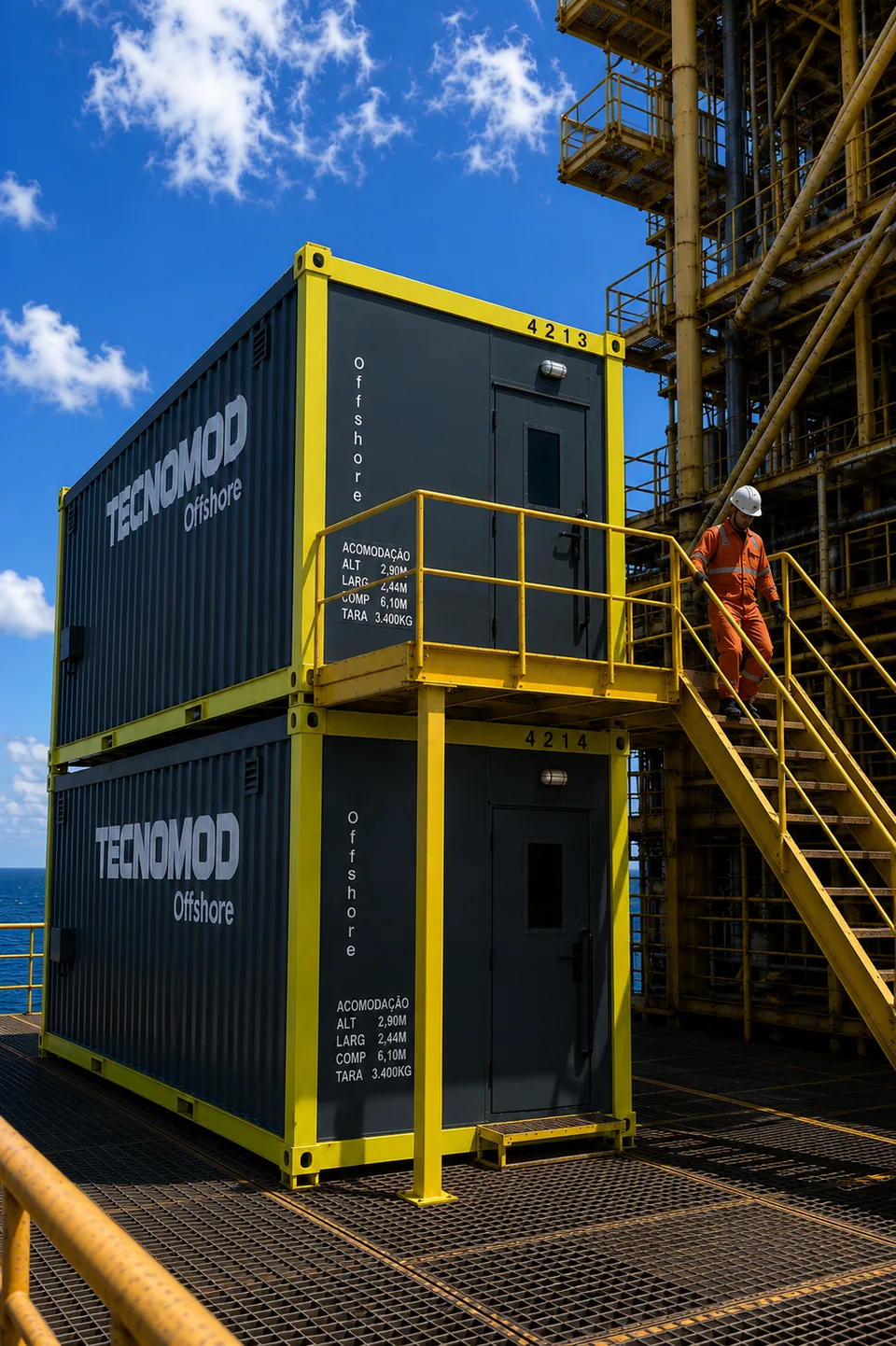 Dois módulos offshore Tecnomod empilhados e travados no convés de plataforma, com escada de acesso e técnico descendo