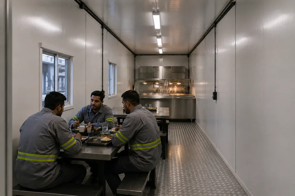 Interior de módulo offshore de refeitório, com mesas e bancos em inox, três tripulantes em refeição e balcão térmico ao fundo