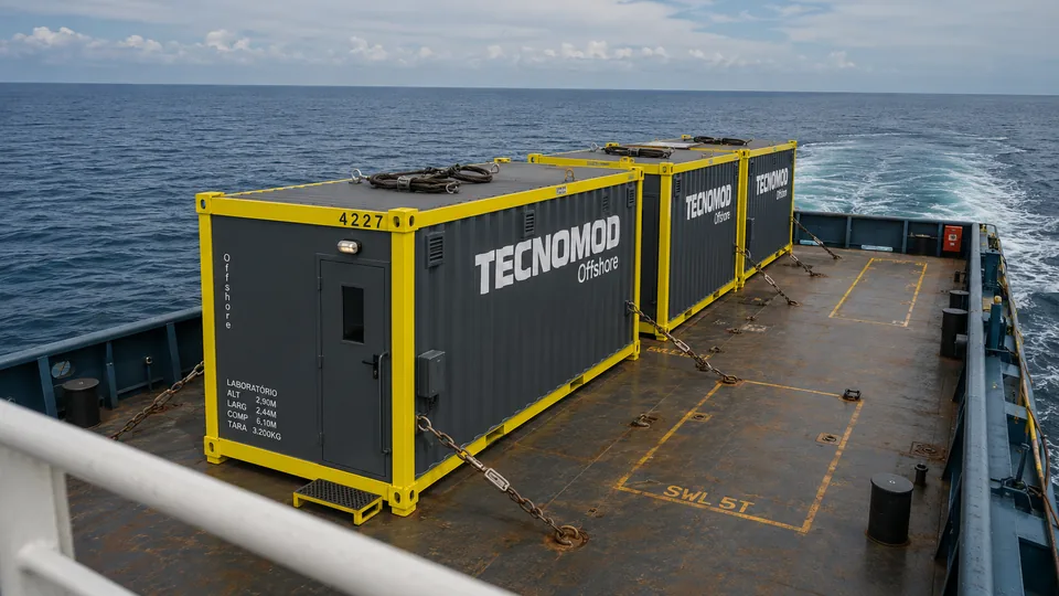 Três módulos offshore Tecnomod peados com correntes no convés de embarcação de apoio em navegação