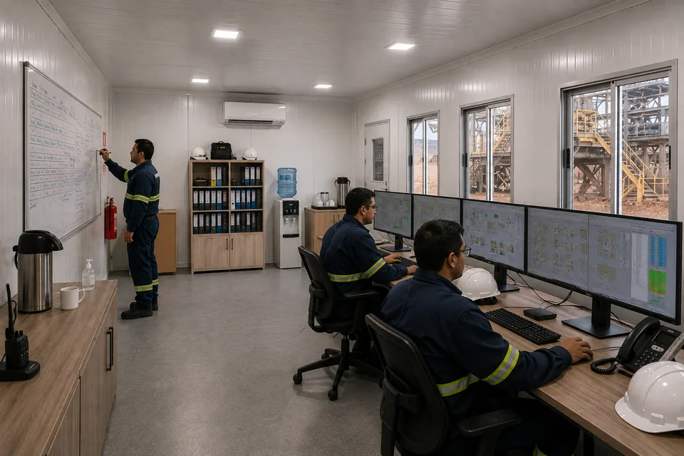 Sala de controle em módulo Tecnomod na planta de beneficiamento, com operadores em painéis supervisórios