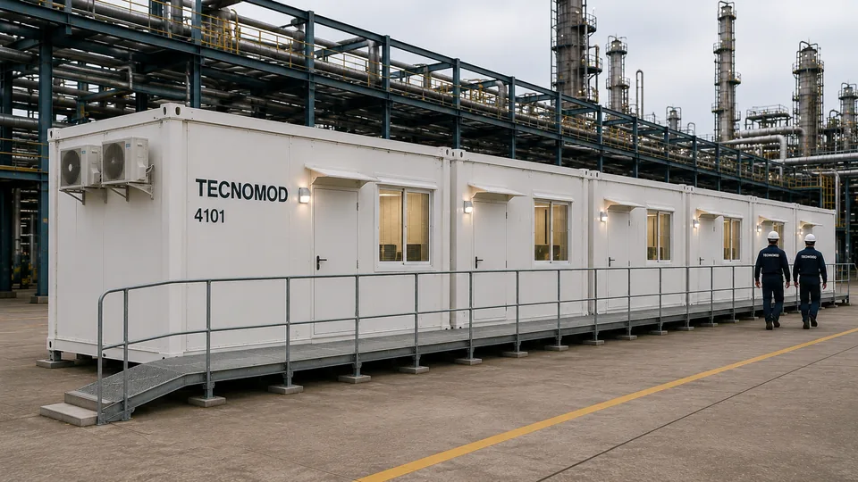 Fileira de módulos Tecnomod instalados em planta petroquímica, com tubovia e torre de destilação ao fundo