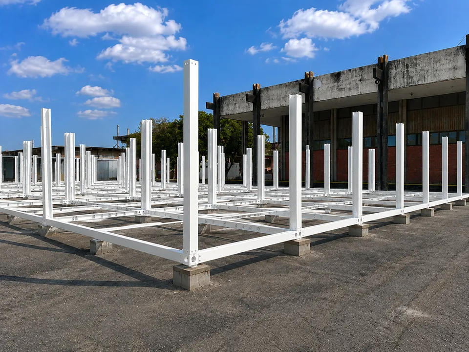 Chassis de módulos alinhados em pátio industrial, em produção simultânea