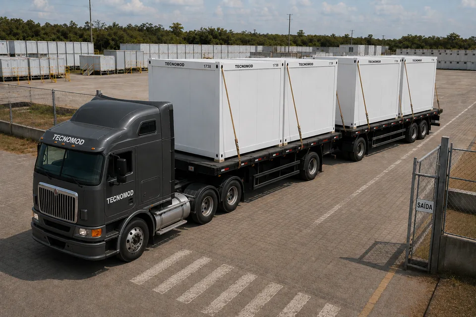 Bi-trem Tecnomod carregado com quatro módulos habitáveis, saindo do pátio pelo portão