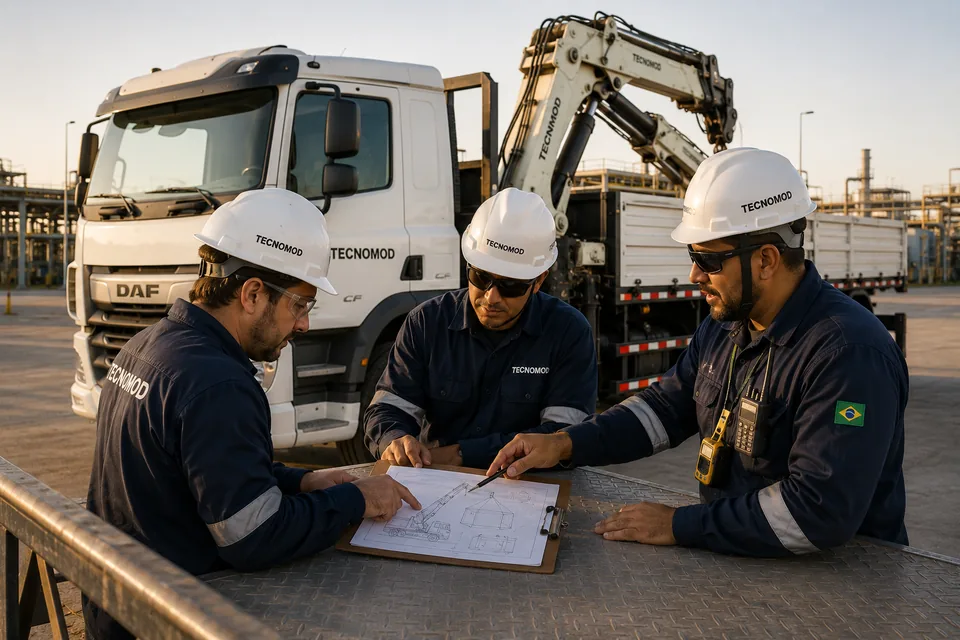 Equipe Tecnomod — operador, ajudante e técnico de segurança — revisando o plano de rigging antes da operação