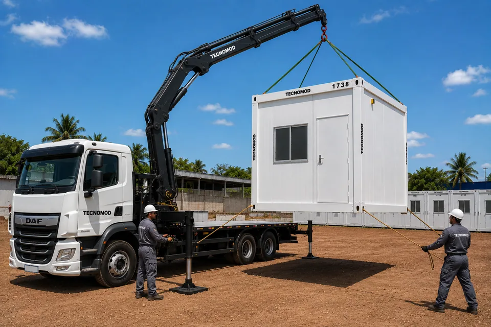 Caminhão munck Tecnomod com lança estendida e patolas apoiadas, içando módulo habitável em canteiro de obra