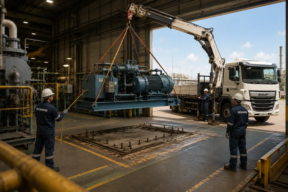 Remoção de equipamento industrial de dentro da planta com caminhão munck, durante parada de manutenção