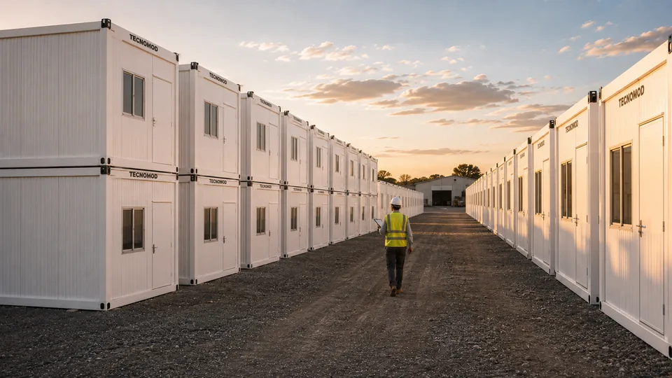 Corredor entre duas fileiras de módulos Tecnomod em estoque no pátio da base, prontos para mobilizar