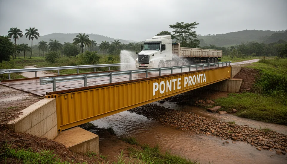 Caminhão carregado atravessando a ponte modular Ponte Pronta sobre curso d'água, em área rural