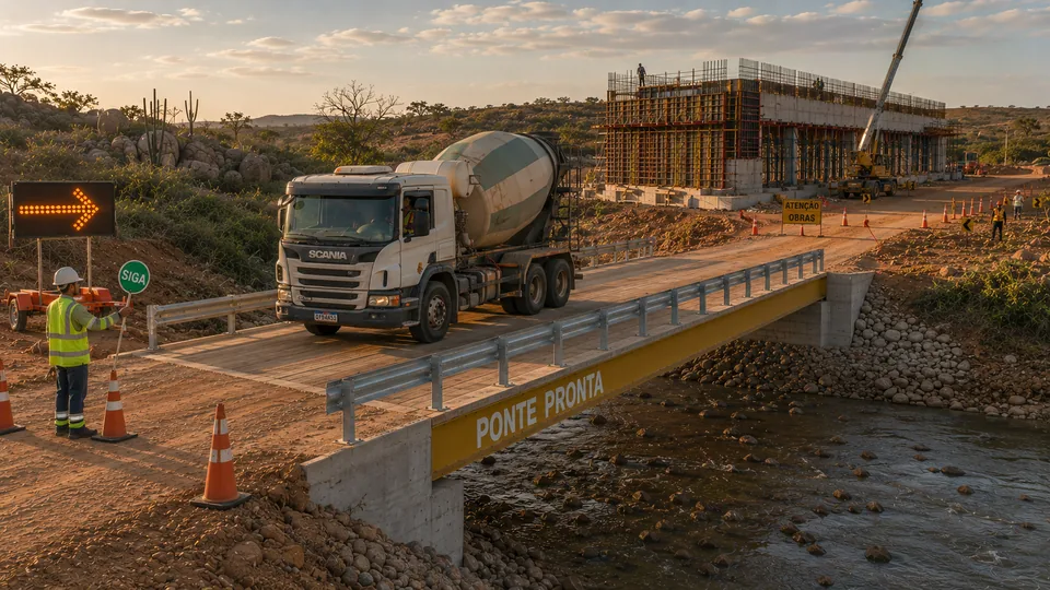 Caminhão betoneira cruzando a ponte modular usada como desvio, enquanto a obra de concreto definitiva segue em fôrmas ao fundo