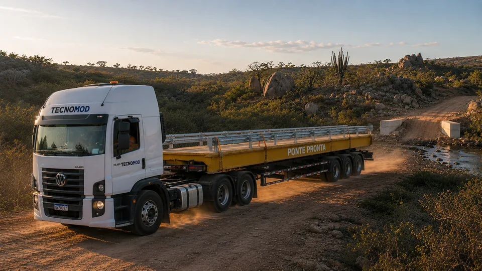 Carreta Tecnomod transportando a ponte modular montada sobre o prancha, a caminho do ponto de travessia