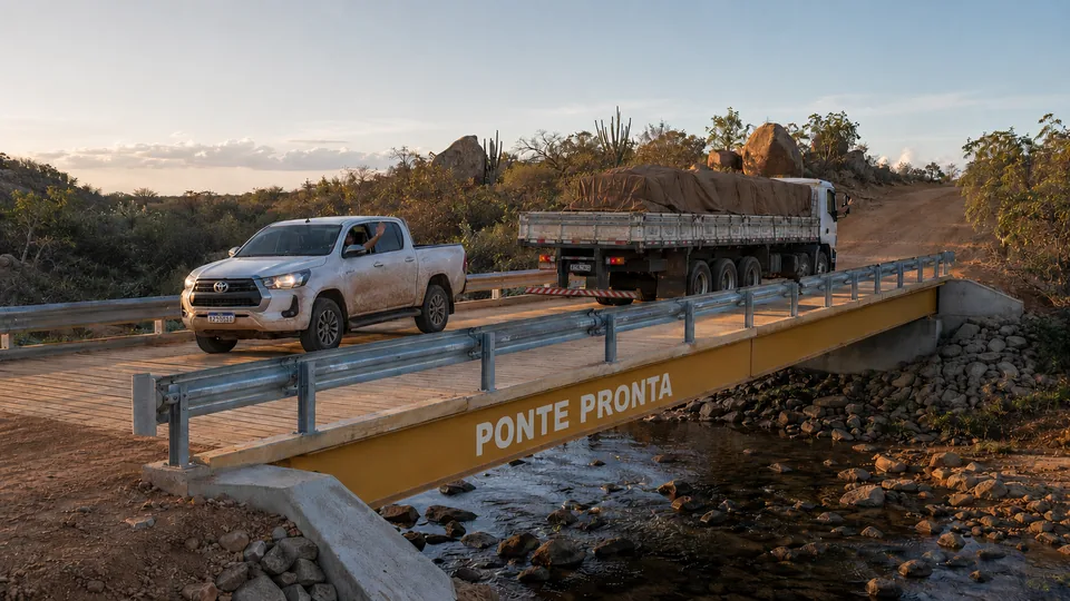 Caminhonete e caminhão carregado cruzando em sentidos opostos sobre a ponte modular dupla Ponte Pronta, em estrada de terra