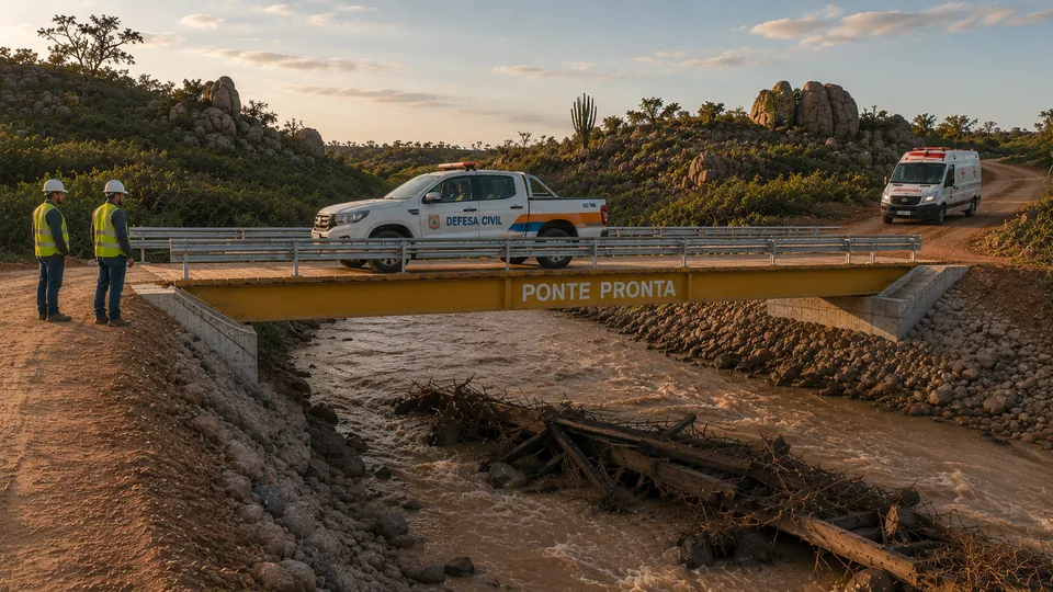 Viatura da defesa civil atravessando a ponte modular recém-instalada, com os destroços da ponte antiga no leito do rio abaixo