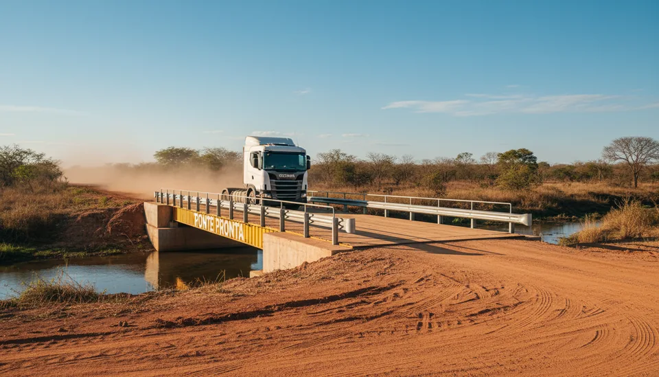 Ponte modular Ponte Pronta em estrada vicinal de terra, com caminhão atravessando