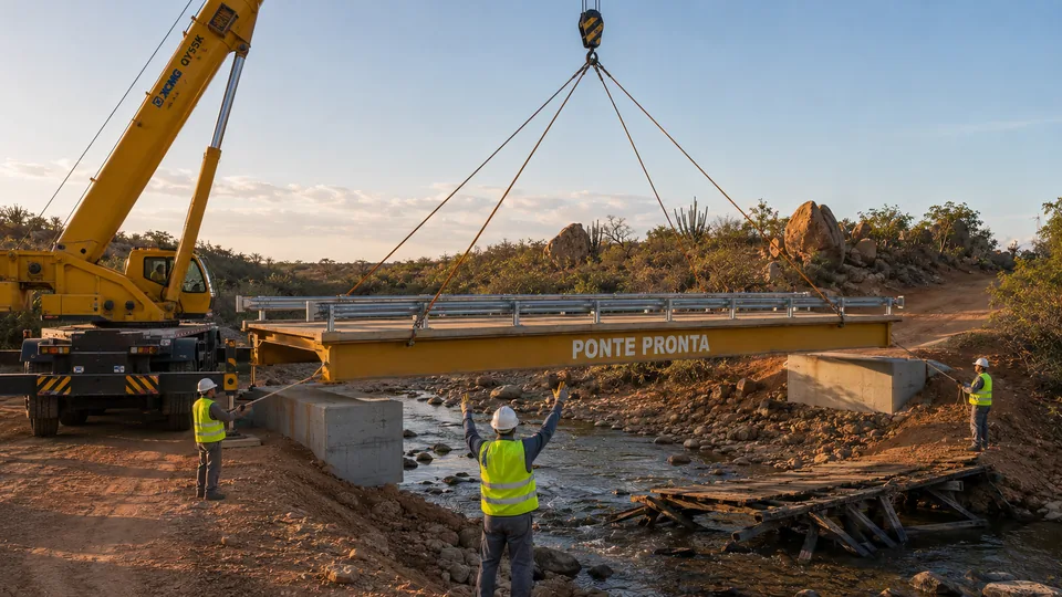 Guindaste baixando o vão da ponte modular sobre as cabeceiras de concreto, com sinaleiro orientando a manobra