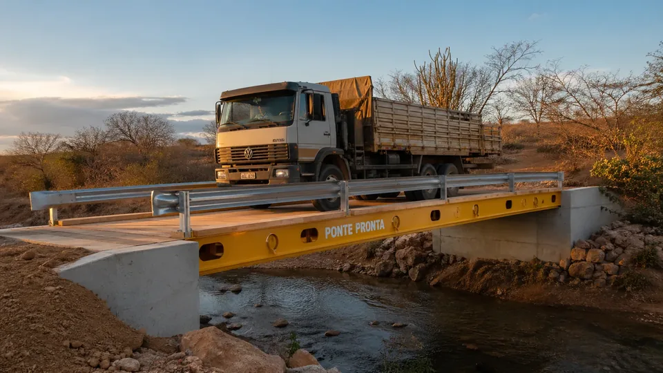 Ponte modular de aço Ponte Pronta com caminhão carregado atravessando riacho na caatinga, ao fim da tarde