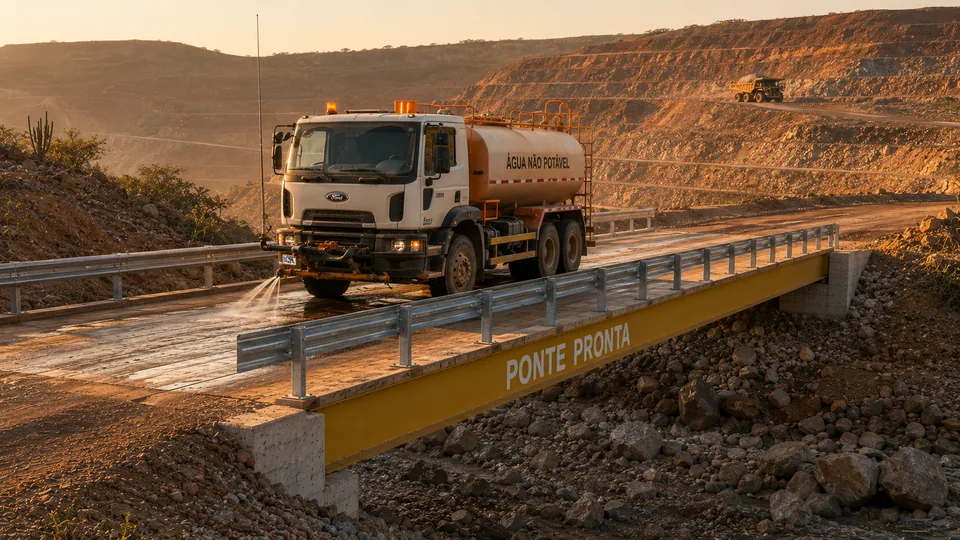 Caminhão pipa de mineração atravessando a ponte modular em via de serviço, com as bancadas da cava ao fundo