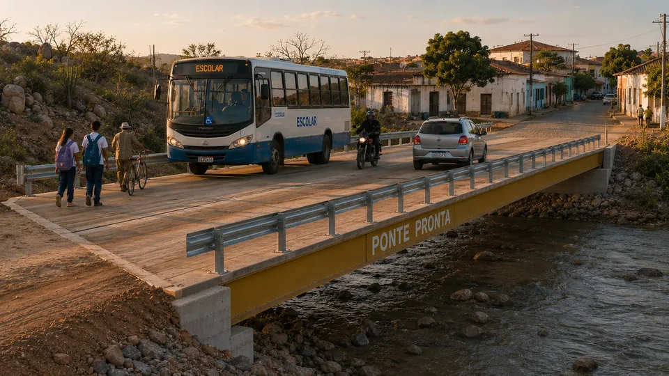 Ônibus escolar, motocicleta, carro e pedestres atravessando ao mesmo tempo a ponte modular dupla na entrada de um povoado