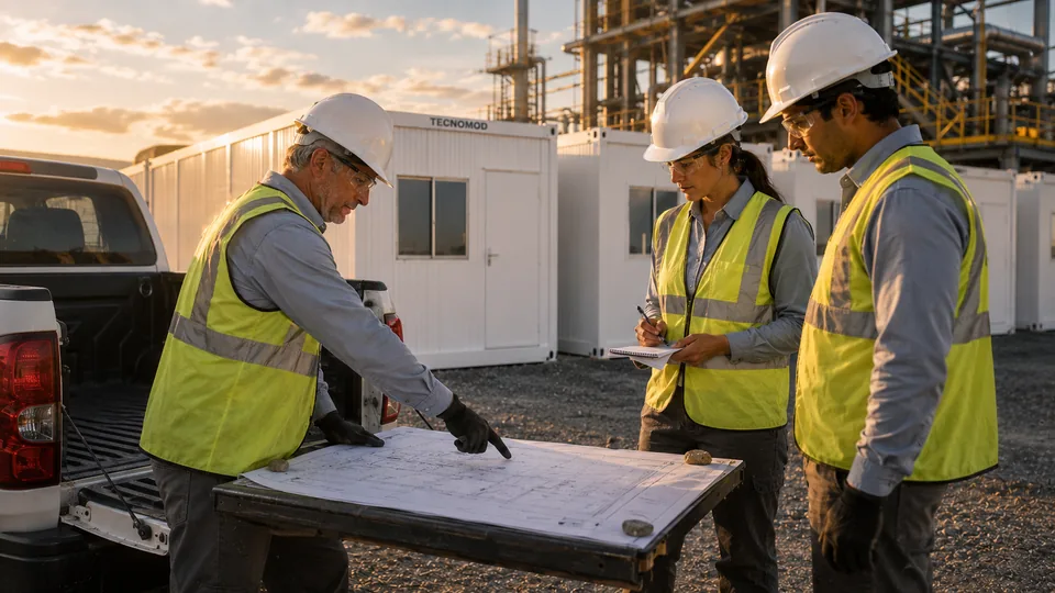 Reunião técnica no campo: três profissionais Tecnomod conferindo o projeto sobre a caçamba da picape, com os módulos instalados ao fundo