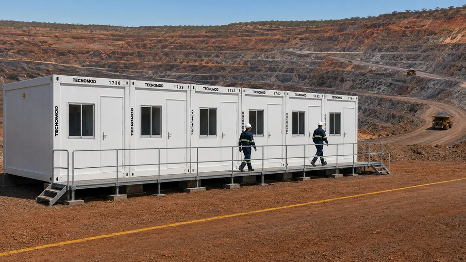 Fileira de módulos de vivência Tecnomod na borda de cava de mineração a céu aberto